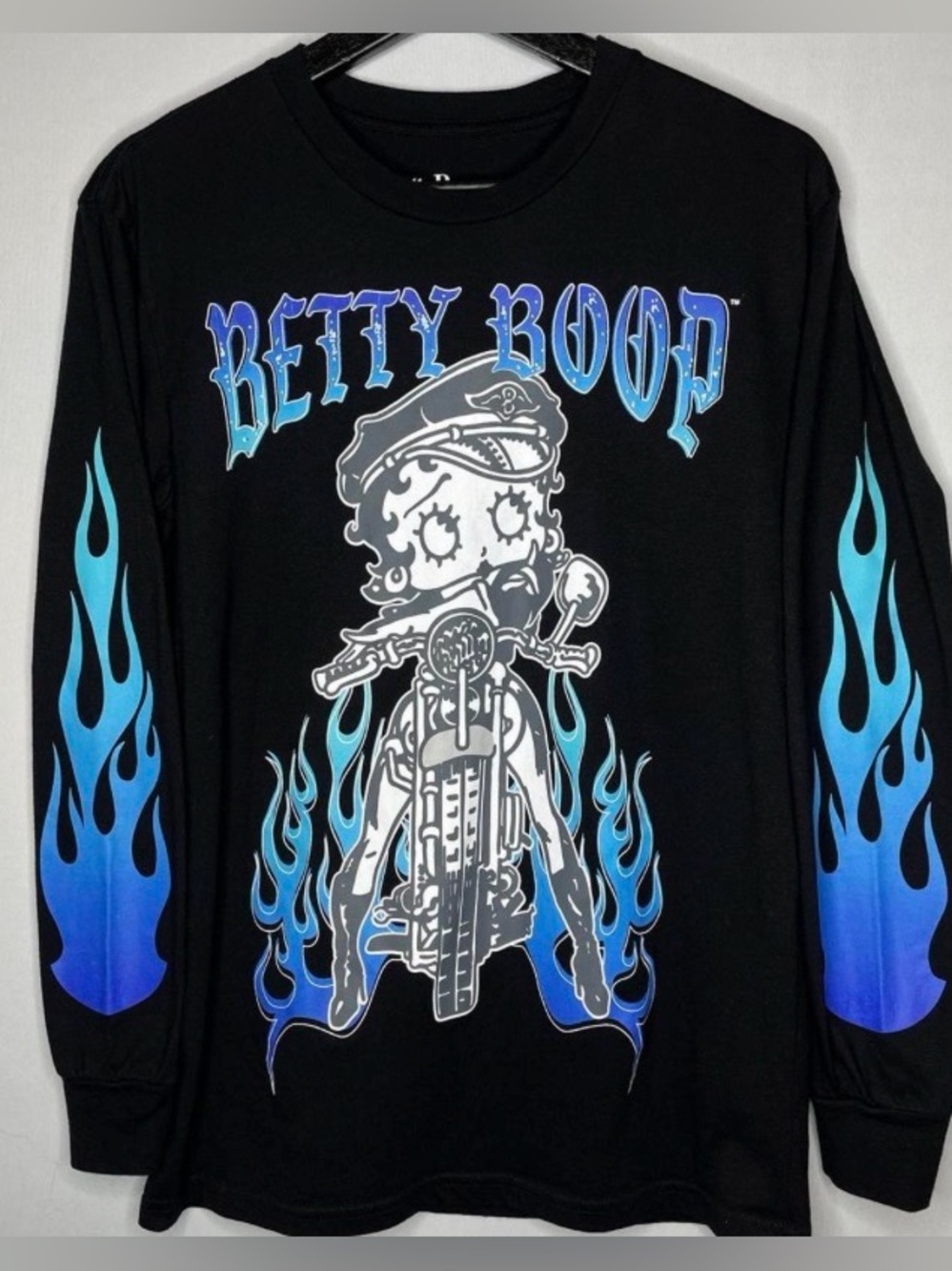Betty Boop Black Tee with Blue Gradient Flame Accents